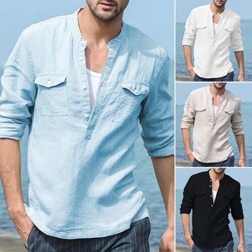 Hot kf-Mens Cotton and Linen Material Long Sleeve Shirt Fashion Stand Collar Loose Half Cardigan Linen Shirt