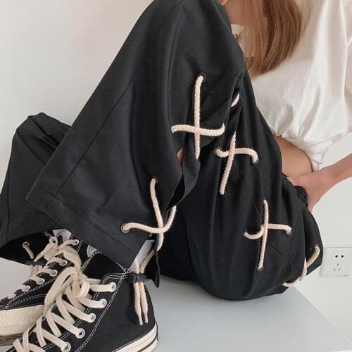 Harajuku Lace Up Wide Pants Men Side Split Streetwear Fashion Skateboard Pants Ankle-length Trousers Techwear Clothes