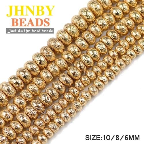 JHNBY 14 Gold Natural Lava Stone 6/8/10MM Hematite DIY Hand-made Flat Round Loose beads for Jewelry bracelets Making Accessories