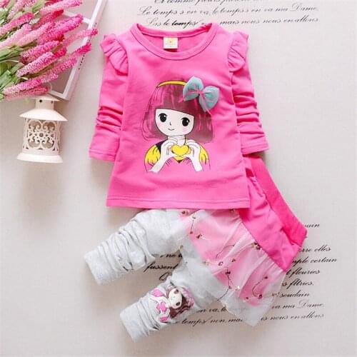 New Arrived Baby Girl Clothing Set Children Cartoon Girl T-shirt + Pant Kid Bow Clothing Leisure Suit Candy Color Floral Clothes