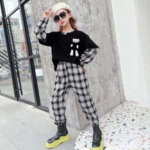 Spring And Autumn New Childrens Fashion Suit Girls Cartoon Bear Long Sleeve Top + Plaid Pants Boys Loose Sports Casual Suit