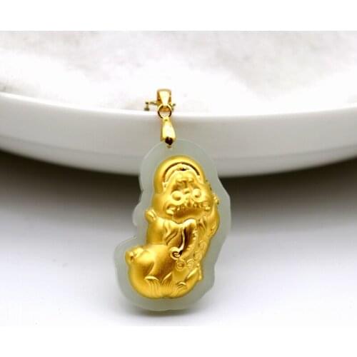 Natural White Hetian Jade Necklace Men Women 24k Gold Brave Troops Lucky Bless Fine Pendants For Male Amulet Female Jewelry
