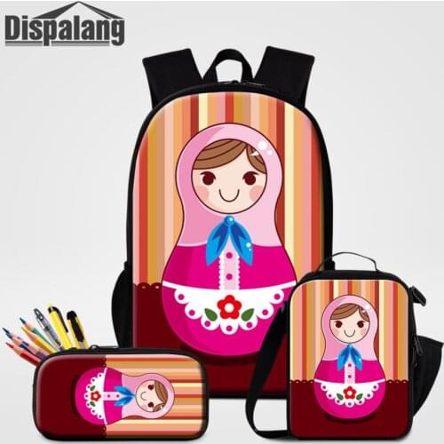Dispalang 3pcs/Set Backpacks for teenagers Girls School Bags Set Student Cooler Bag Russian Doll Printing Cute pencil Case