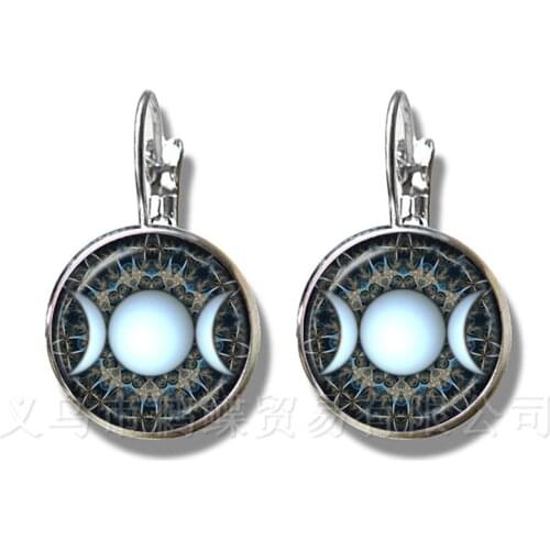 Triple Moon Goddess Earrings Wiccan Jewelry Blue Triple Moon Goddess Silver Plated Stud Earrings Charms Pentagram Best Gift
