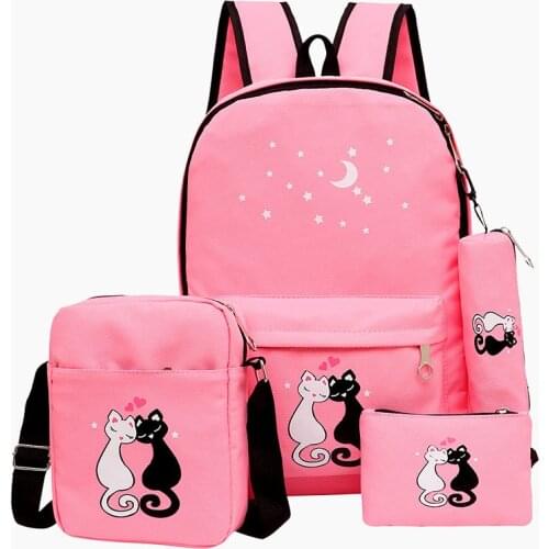 4 pcs/set Cartoon cats School Bags for Teenagers Girls Schoolbag Large Capacity Ultralight Canvas School Backpack set Rucksack