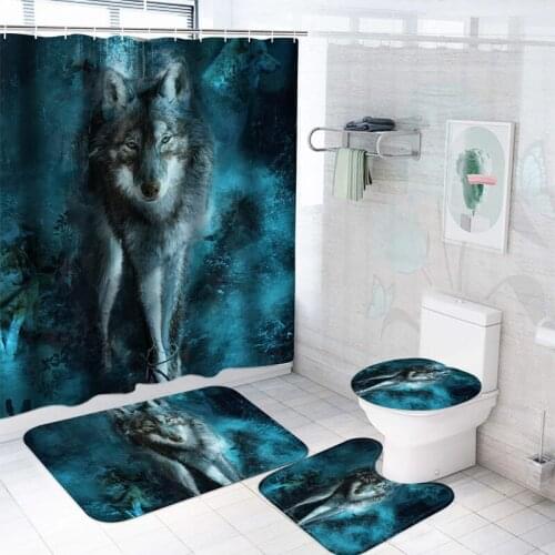Blue Shower Curtain Animal 3d Wolf Waterproof Fabric Bathroom Curtain Set with Hooks Toilet Lid Cover Non-Slip Mat Bath Decor