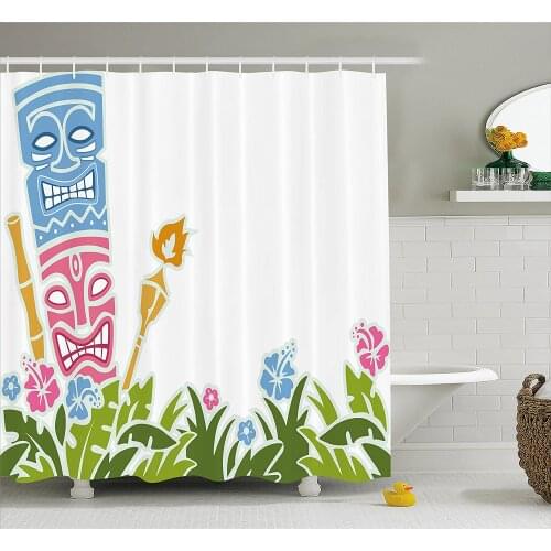 Tiki Bar Decor Shower Curtains Statues Surrounded by Fresh Vibrant Hibiscus Flowers Polynesian Bathroom Curtain Bath Mat