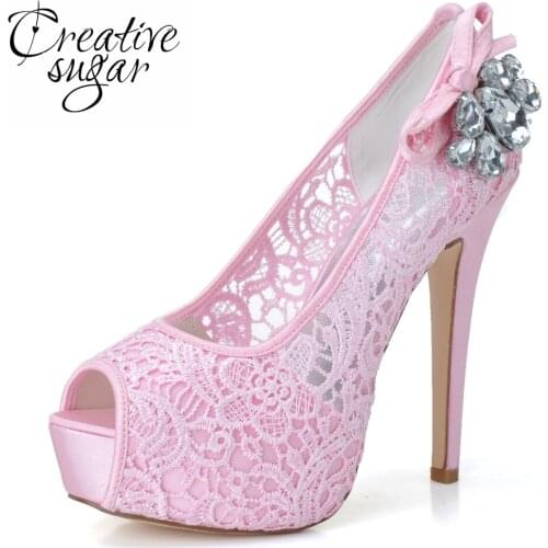 Woman platform high heels shoes pink white see through perspective lace bridal wedding prom party pumps crystal brooch at side