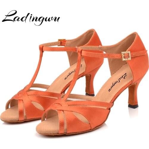 Ladingwu Latin Dance Shoes Brown Red Satin Salsa Dance Shoes Women Shoes Dancing Ballroom Professional Competition Dance Shoes