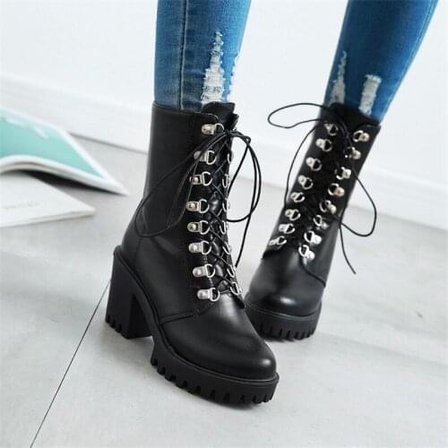 PXELENA Street Vintage Women Gothic Punk Rock Combat Ankle Boots Autumn Shoes Chunky Block High Heels Military Knight Boots 2020