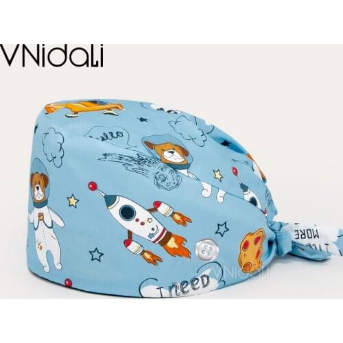 Artoon printing High Quality Scrubs caps button unisex adjustable cotton work caps beauty salon hat accessories Tieback Elastic
