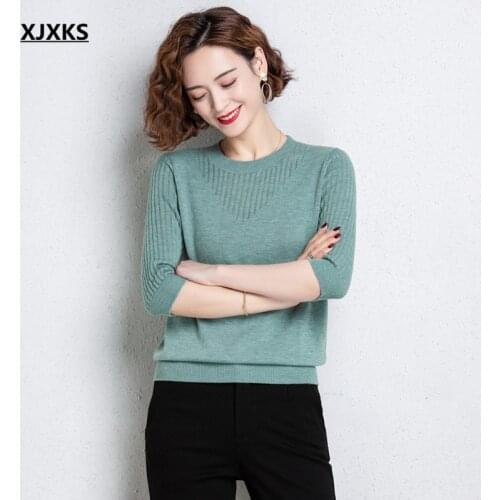 XJXKS 2021 autumn new round neck three-quarter sleeve sweater women pullover pure color all-match women wool sweater