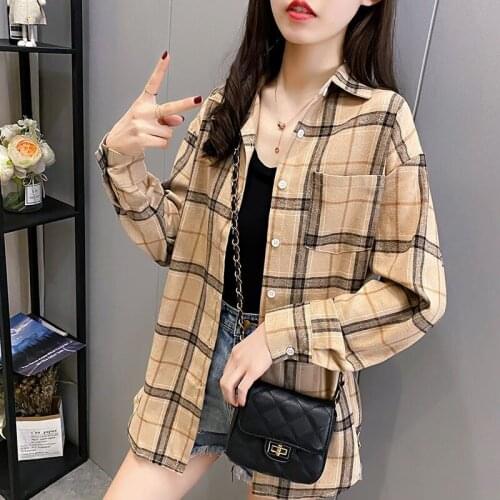 Korean Solid Cotton Plaid Shirt Long Sleeve Single-breasted Turndown Collar All-match Women Blouse 2021 Spring Autumn Y701