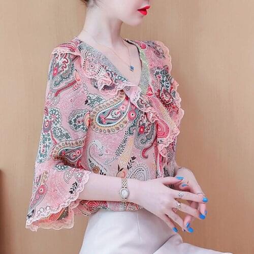 Office Pink Ruffle Tops Off Shoulder Sexy Flower Print Blouse Women Summer Chiffon Shirt Fashion Lady Short-sleeve Blusas Mujer