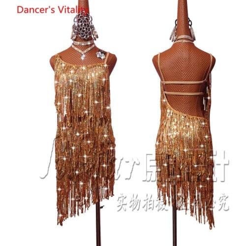2018 New Latin Dance Dresses Performance Costumes Competition Clothing Women Girls Sling Backless Gold Tassel Irregular Dress