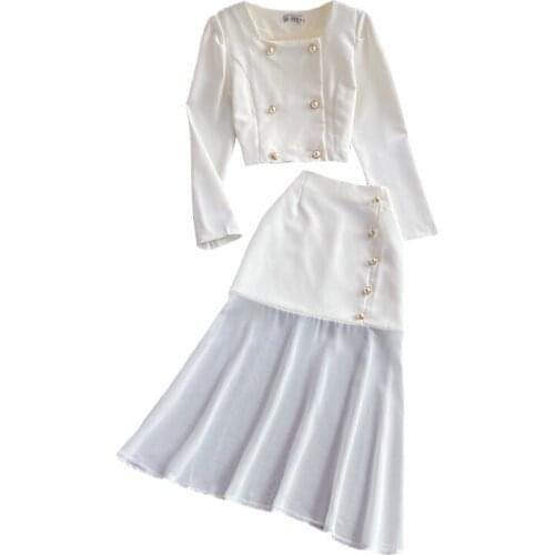 2021 Spring Autumn Outfit + A-Line Button Details Skirt Women Fashion 2pcs Suit Double Breasted Long-sleeved Jacket