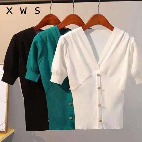 Summer thin Sweater Women Jumper sexy V Neck Slim Elasticity Knitted Pullover Female short Sleeve button Basic Knitwear Tops