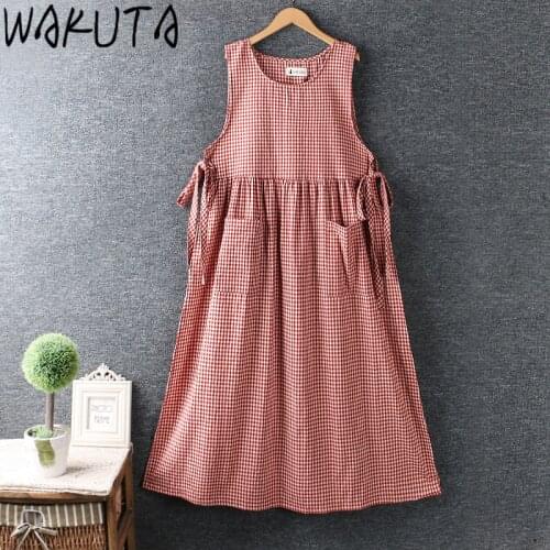 WAKUTA Cute Plaid Midi Dresses Sleeveless Women Korean Japanese Style Design Retro Vintage Lace Up Pockets New Loose Sweet Dress