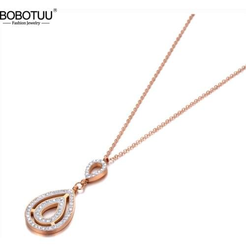 BOBOTUU Stainless Steel Water Drop CZ Crystal Charm Pendant Necklaces Trendy Rose Gold Choker Necklace For Women BN20120