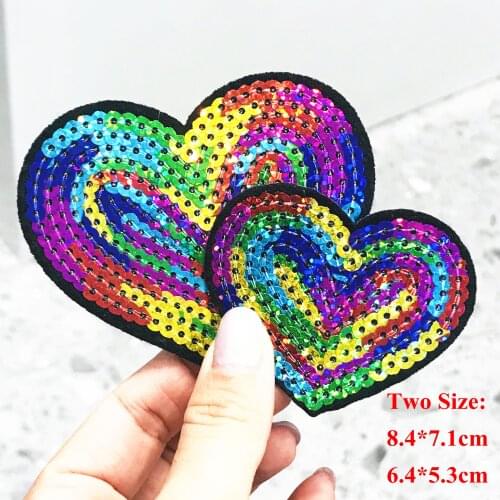 2Pcs/set Sequined Heart-shaped Colorful Patch Glitter Stickers DIY Fabric Appliques Embroidered Iron On Coats Jeans Pants Badge