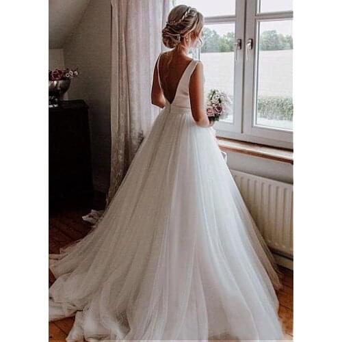 2019 Beautiful Tulle Wedding Dress and Satin V-Back Layer Skirt White Bridal Dress Custom Made with Bowknot Wedding Gowns