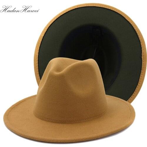 2021 Camel Army Green Patchwork Jazz Panama Fall Winter Wide Brim Fedora Hat Women Men Elegant Cotton Polyester Hat and Caps
