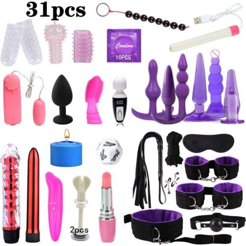 31pcs/ Set Nylon Restraint Vibrator Plug Flirt Games Erotic Toys for Women Silicone Vibrator Anal Masturbation