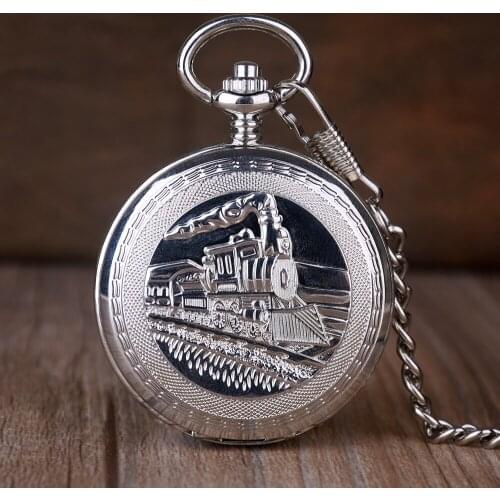 5pcs Fashion Silver pendant Train Mechanical Pocket Watch Double Open With Metal Chain Steampunk Watch Roman Number Unisex