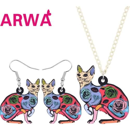 ARWA Acrylic Canadian Hairless Sphynx Cat Jewelry Sets Long Lovely Animal Necklace Earrings For Women Kids Friends Party Gift