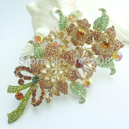 4.33" Elegant Orchid Flower Brooch Pin w Brown Rhinestone Crystals EE04716C5