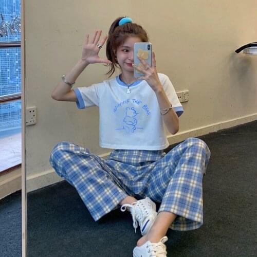 One-piece/set spring and summer loose short T-shirt womens plaid pants casual wide-leg pants two-piece suit Y2K tops E-girl