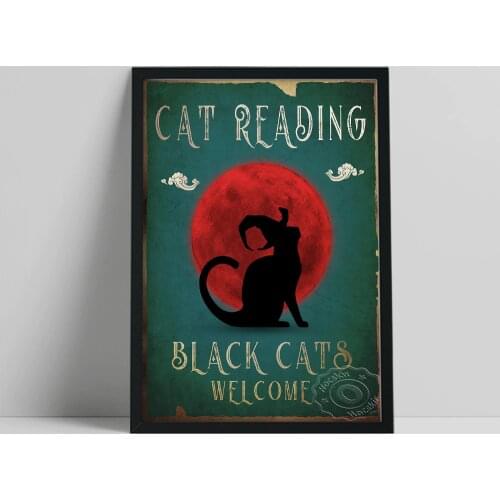 Black Cat Reading Prints Art, Black Witch Cats Welcome Retro Poster, Funny Animal Red Moon Wall Stickers, Halloween Home Decor