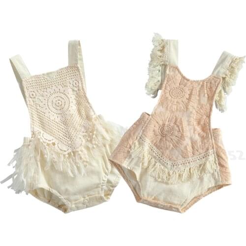 Baby Girl Fashion Suspender Jumpsuits Sweet Pure Color Lace Crochet Tassel Backless Lace-Up Triangle Romper Newborn Romper 0-24M