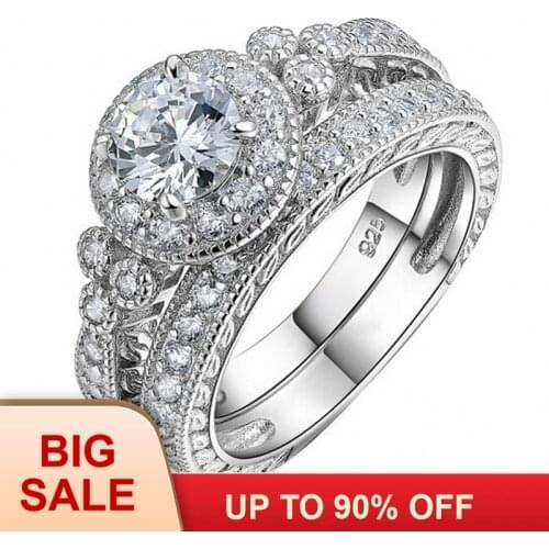 Brand New Vintage Jewelry Women men ring 2ct AAAAA zircon cz Silver color Female Engagement Wedding Band Ring set