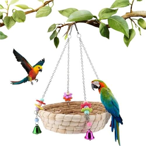 Bird And Parrot Toys Parrot Natural Hand Woven Straw Bed Swing With 4 Metal Bell Gardening Feeder Cage For Birds Tuin Decoratie