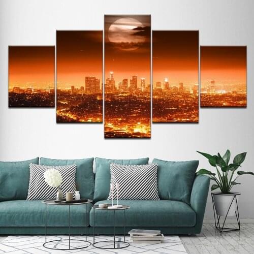 Canvas Painting Burning city under a moonlit night 5 Pieces Wall Art Painting Modular Wallpapers Poster Print Home Decor