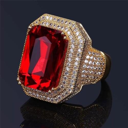 Iced Out Hip Hop Ring Gold Color Cubic Zircon Big Red Stone Ring Personality Fashion Men Women Jewelry Lovers Gift Z3C173
