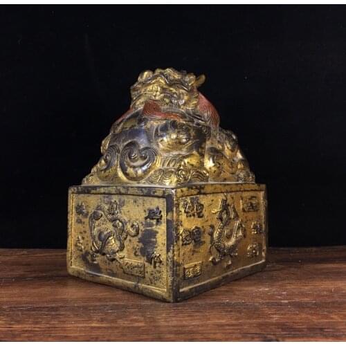 6"Chinese temple collection Old Bronze Cinnabar Lacquer Pixiu Statue lion seal Ornaments Town House Exorcism