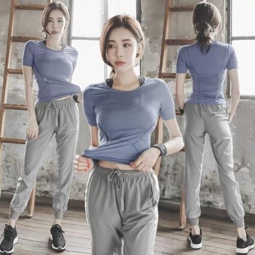 Yoga Set Women Fitness Outfits Gym Short Sleeve Shirt Bra Tops Vest Quick Dry Pants Breathable Sports Clothes Summer 2 Pcs