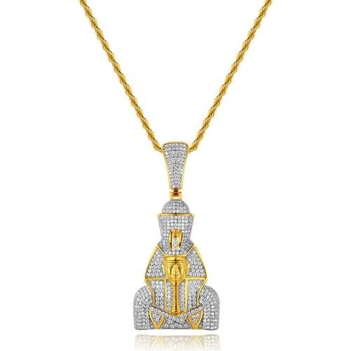 Egyptian Pharaoh Pendant Hip Hop Cubic Zircon Necklace For Men Iced Out Christian Religious African Jewelry Gift