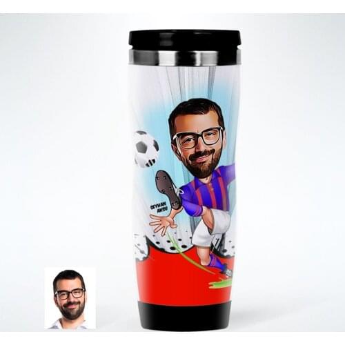 Personalized Mr Football Player Burgundy Blue Caricature Of Steel Thermos cup-1