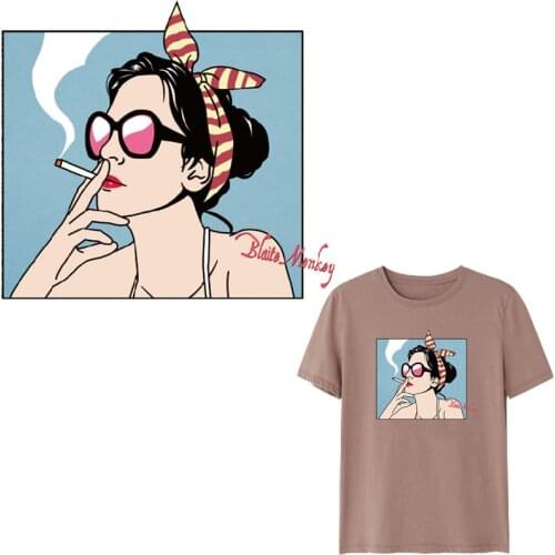 DIY Iron On Transfer Smoking Girl Patches For Clothes Stripe Iron Heat Transfer Vinyl Patch Sticker Thermal Applique Badge