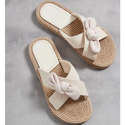 Womens Summer Casual Slides Comfortable Flax Slippers Striped Bow Linen Flip Flops Platform Sandals Ladies Indoor Shoes sh268
