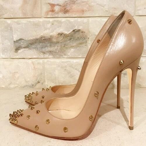 Elegant Beige White Black Matte Leather Rivets Shoes Stiletto Heel Gold Spikes Celebrating Pumps Women High Heels Dress Shoes