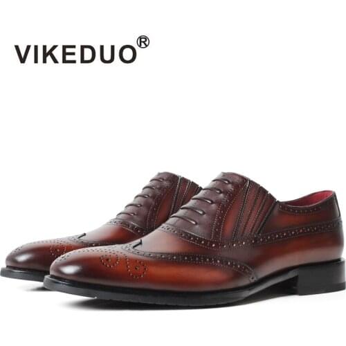 VIKEDUO New Loafers Shoes Men Full Brogues Mens Shoes Genuine Leather Wedding Shoe Patina Brown Mans Footwear Office Shoe Male