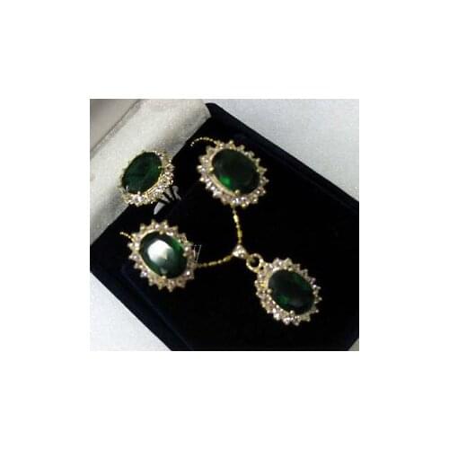 Green Crystal Earrings & Ring & Necklace Pendant Set