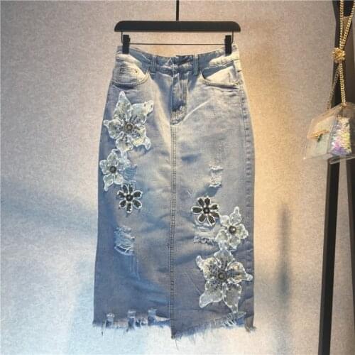 Office Ladies Slim Fit Knee Length Straight Denim Skirts Embroidered Flares Floarl Hole Ripped Taseel High Waist Big Size Skirts