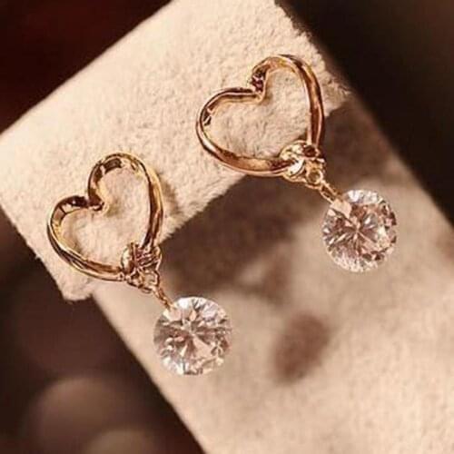 Shining Crystal Heart Stud Earrings For Women Hollow Korean Dangle Drop Earring Sweet Girls Wedding Gold Color Jewelry Gift