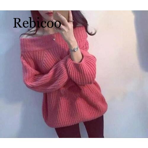 Womens Winter Cropped One-necked Strapless Shoulder Sweaters Knit Tops Long Sleeve Knit Sweater Pullover