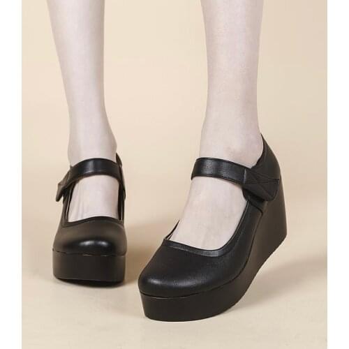 2020 Spring Platform Shoes Wedge High Heels Womens Pumps Black Mary Janes Ladies Strap Leather Work Shoes